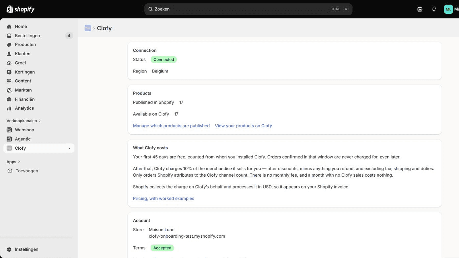 Clofy bij de verkoopkanalen in Shopify, met de status verbonden en het aantal gepubliceerde producten.